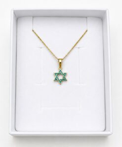 שרשרת מגן דוד זהב 14K - שרשרת תליון מגן דוד עם אמייל טורקיז